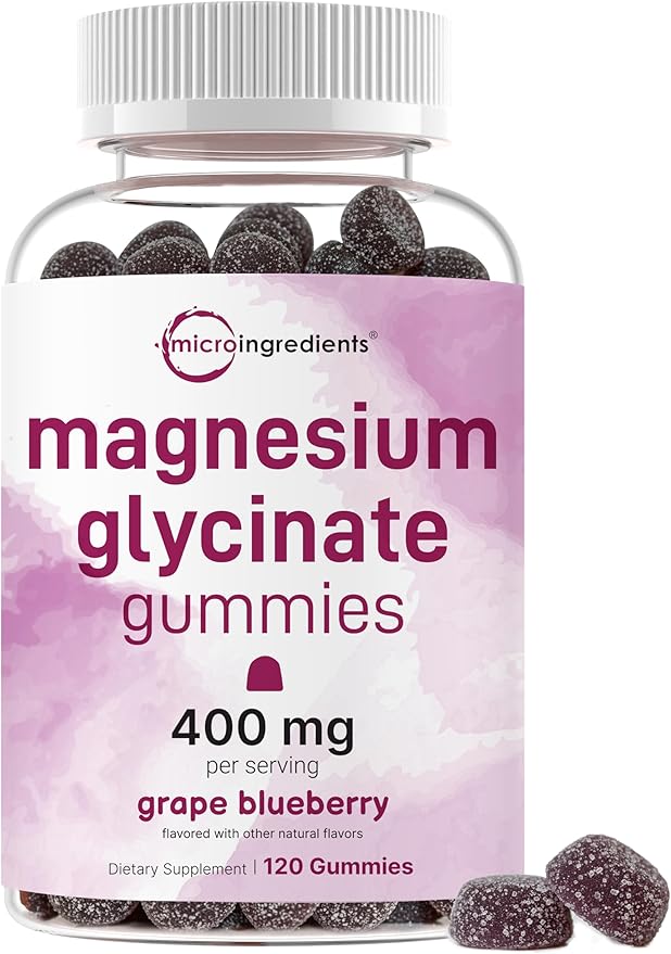 Magnesium Glycinate Gummies 400mg Per Serving, 120 Count | Natural Grape Blueberry Flavor | Potent Elemental Form + Chelated for High Absorption | Healthy Muscle, Bones, & Mood Support Supplement