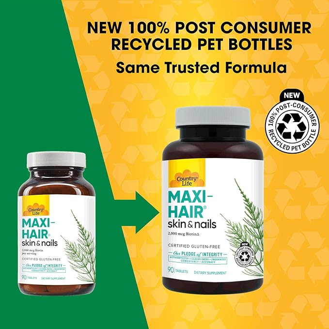 Country Life Maxi-Hair Supplement - 2000mcg Biotin & Vitamins for Hair, Skin & Nails - Certified Gluten-Free & Vegetarian - Supports Hair Growth, 90 Tablets