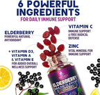 Elderberry Immune Support Gummies - 3X Strength Sambucus Elderberry Gummy with Vitamin C, D3 & Zinc - Nature’s Black Elderberry Extract - Immune Support Supplement for Adults & Kids - 60 Gummies