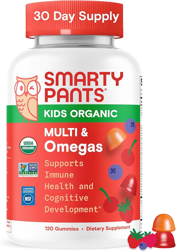 SmartyPants Organic Kids Multivitamin Gummies: Omega 3 (ALA), Beta Carotene, Vitamin B12, B6, A, K & Zinc for Immune Support, Biotin, Vegetarian, Three Fruit Flavors, 120 Count (30 Day Supply)