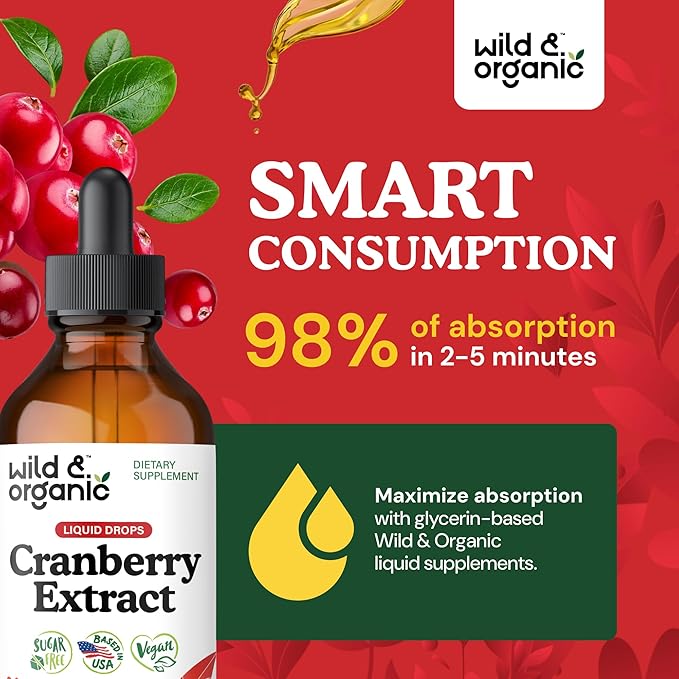 Wild & Organic Cranberry Concentrate Liquid Drops - Urinary Tract Support with Cranberry Supplement for Women & Men - 500 mg Extract per Serving - Vegan, Sugar & Alcohol-Free - 4 fl oz
