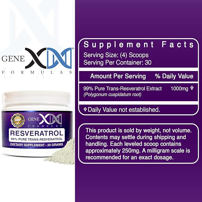 GENEX Trans Resveratrol 1000mg Powder Serving 99% Pure Micronized Pharmaceutical Grade | 30 Servings/30Grams | 1 Gram Per Day 30-Day Supply Made in a GMP & NSF Certified Facility