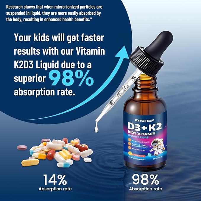 2PCS Vitamin D3 K2 Drops for Kids - Liquid Supplement with Magnesium for Calcium Absorption, Joint Health, Teeth & Heart - Non-GMO, Vegan, Orange, 4 Fl Oz - Kids Ages 4+