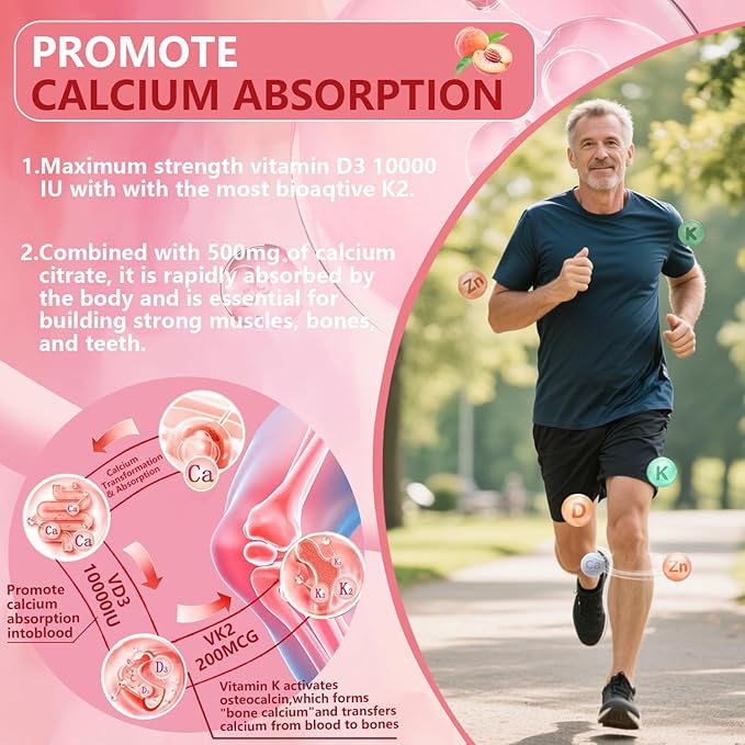 Vitamin D3 K2 Gummies 10000 IU with 500mg Calcium Magnesium Zinc Gummy Sugar Free ADK+Vitamin B12 Supplements for Women and Men Bones, Muscles, Teeth Peach Flavor - 60 Gummies - 30 Servings
