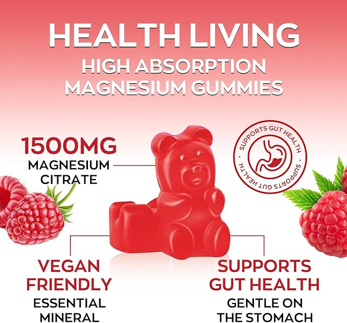 High Absorption Magnesium Gummies for Adults，Magnesium Supplement for Muscle, Nerve, Bone and Heart Support, Vegan, Non-GMO，Raspberry Flavor (60 Count（Pack of 2）)