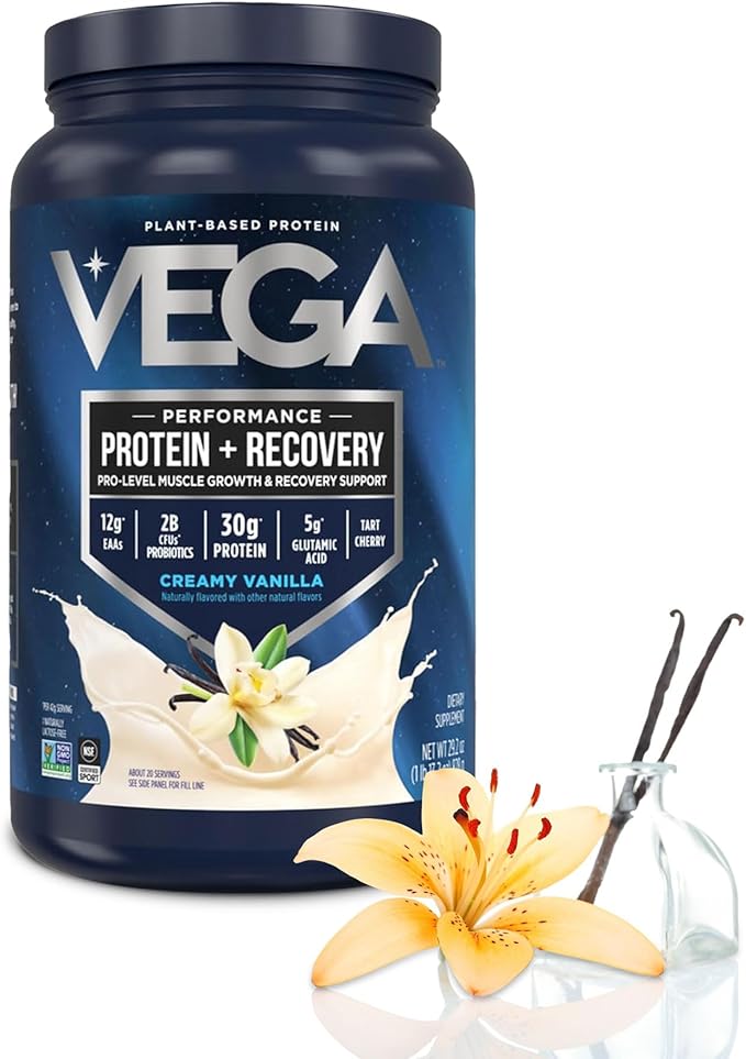 Vega Sport Vegan Protein Powder + Recovery - 30g Plant Based Protein per Serving, Vanilla, 20 Servings, 5g BCAAs, Probiotics, NSF Certified, for Shakes & Smoothies, 1.8lbs (Packaging May Vary)