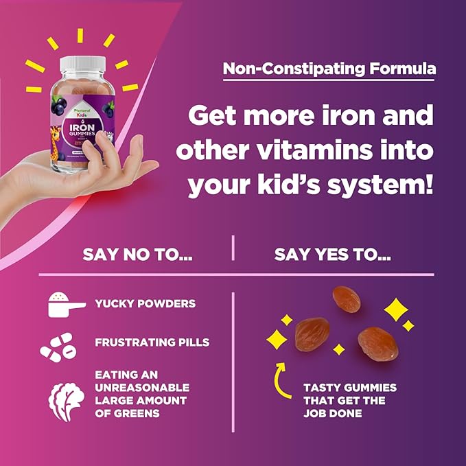 Iron Gummies with Vitamin C for Kids - Blood Builder Iron Supplements for Kids with Gentle for Stronger Immunity & Energy Support - Vitamin B6, B12, A, Niacin & Folate Gummies - Vegan & GMO -120 Count