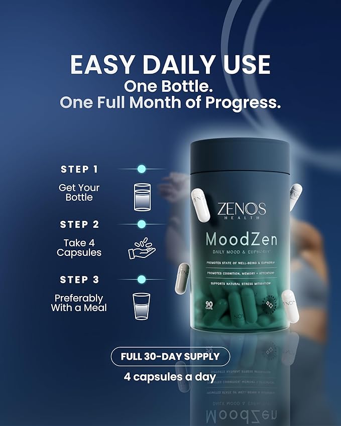 Zenos Health MoodZen Mood Support & Cortisol Reducer Supplement – Powerful Focus Supplement – Natural Formula to Enhance Mind Clarity - Made in USA, 90 Caps