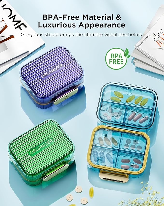 Small Pill Box, Acedada Travel Pill Case for Purse, Portable 7 Compartments Daily Pill Organizer, Compact Medicine Vitamin Container for Fish Oil & Supplements, Light Green