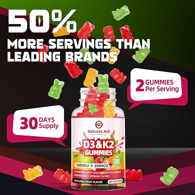 Natures Aid Sugar-Free Vitamin D3 K2 Gummies with Calcium + K2 (MK-7), Magnesium Citrate, Vitamin C, Extra Strength - Ultimate Absorption for Bone Muscle Teeth Immune, Vegan - 60 Gummies