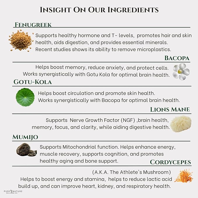 Focus + Energy + Performance Support-6-in-1 Mushroom Nootropic & Mitochondrial Complex-Advanced Brain Supplement-Natural Energy-Caffeine Free Biohack with Lion’s Mane,Cordyceps,Mumijo,Fenugreek