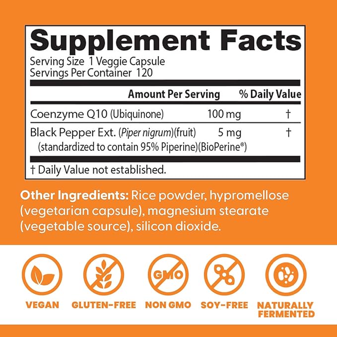 Doctor's Best High Absorption CoQ10 with BioPerine Supplement - Coenzyme Q10 Caps for Heart Health & Antioxidant Support, CoQ10 100mg for Women & Men, Non GMO, Naturally Fermented - 120 Veg Capsules