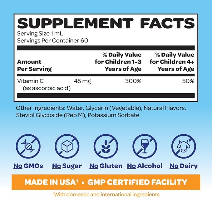 Smurfs Liquid Vitamin C for Kids Immune Support | High Strength Kids Vitamin C Drops | Ages 1 & Up | Vegan Non-GMO & No Artificial Flavors or Colors | No Added Sugar | Orange Flavor | 60 Servings