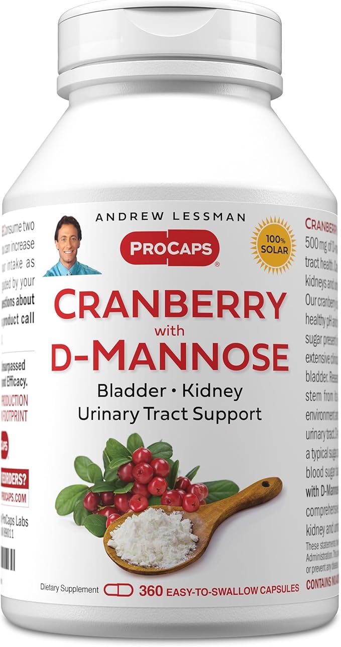 ANDREW LESSMAN Cranberry with D-Mannose - 360 Capsules - Supports Bladder, Kidney and Urinary Tract Health. High Potency Standardized Cranberry Concentrate and D-Mannose. Easy to Swallow Capsules