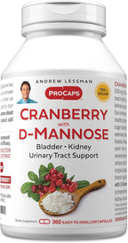 ANDREW LESSMAN Cranberry with D-Mannose - 360 Capsules - Supports Bladder, Kidney and Urinary Tract Health. High Potency Standardized Cranberry Concentrate and D-Mannose. Easy to Swallow Capsules
