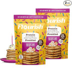 Flourish Protein Pancake & Waffle Mix, with Whey Protein & Flax Seed, No Added Sugar, High in Protein & Fiber - Just Add Water - Birthday Cake Flavour 16oz (2 pack)