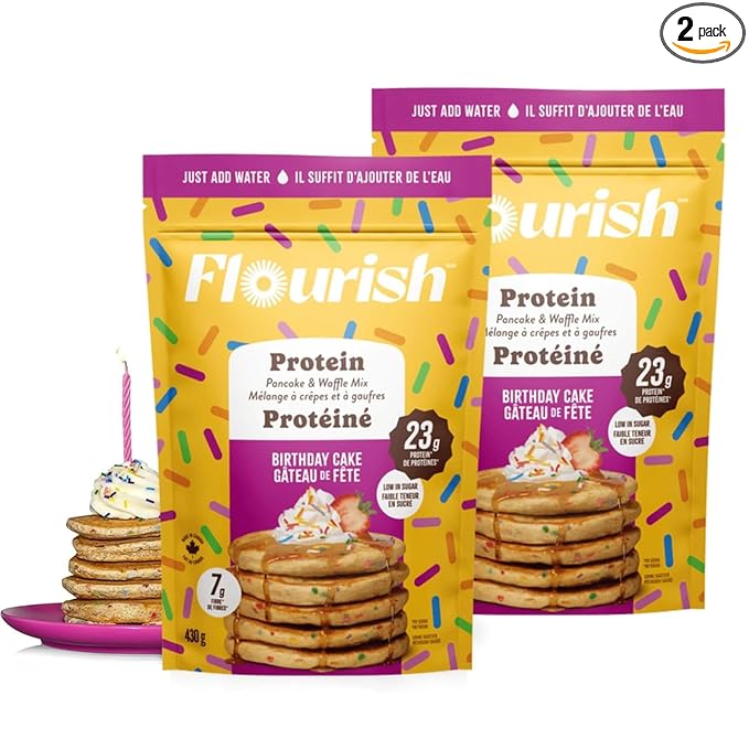 Flourish Protein Pancake & Waffle Mix, with Whey Protein & Flax Seed, No Added Sugar, High in Protein & Fiber - Just Add Water - Birthday Cake Flavour 16oz (2 pack)