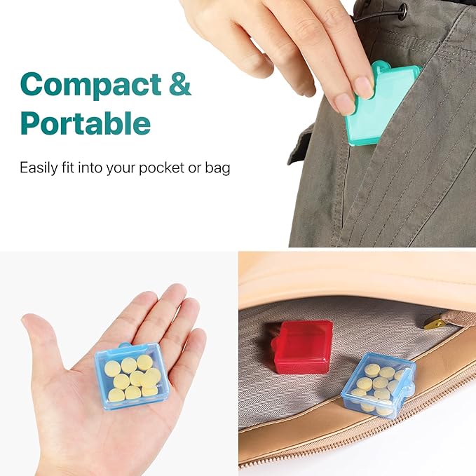 Sukuos Small Pill Box 4 pcs, Portable Travel Pill Organizer for Pocket Purse Cute Daily Pill Case Container for Vitamin Fish Oil Supplements, Easy to Open & Clean