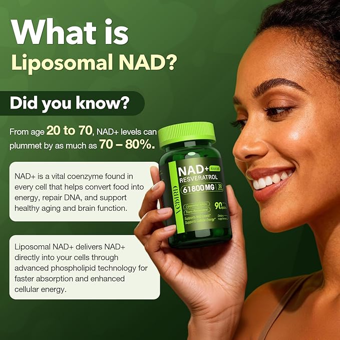 Nad Resveratrol Supplement 61800mg Per Bottle – Liposomal Nad+ Resveratrol for Women & Men – High Purity 1200mg Nad+ Supplement for Energy & Healthy Aging, Resveratrol, Quercetin, CoQ10 – 90 Counts