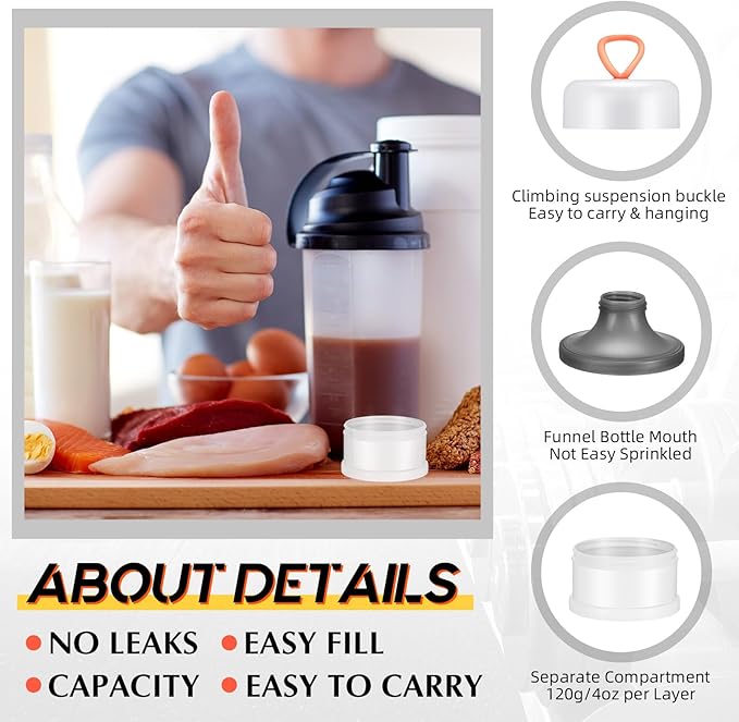 Baderke 4 Pcs Protein Powder Container 5 Layers Stackable Leakproof Container Powder Dispenser with Funnels Stand Keychain Flour Canister for Workout Fitness(Gray, White)