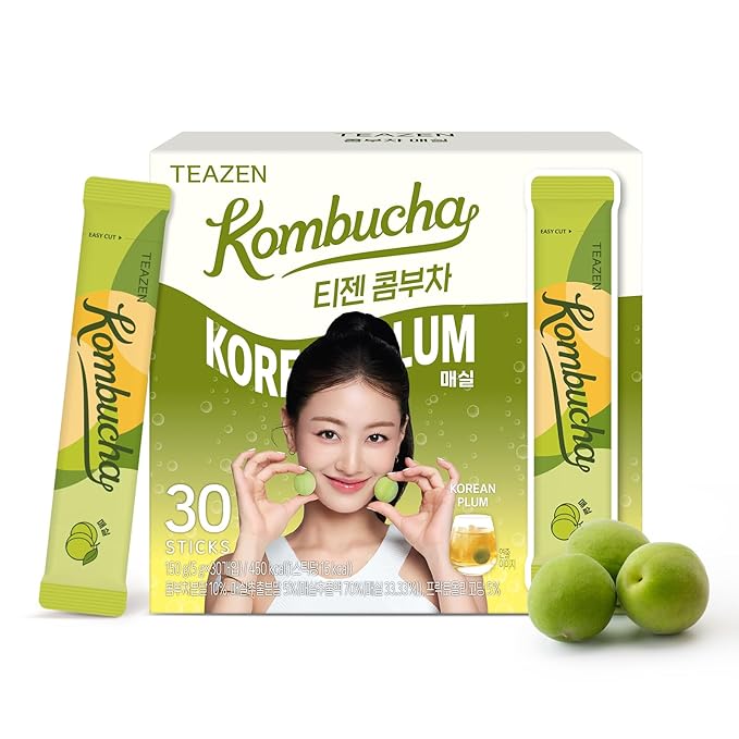 TEAZEN Korean Plum Kombucha Tea, Electrolyte & Hydration Drink Mix, Sugar Free, Live Probiotics & Prebiotics, On-the-Go 30 Packets, 5.29oz