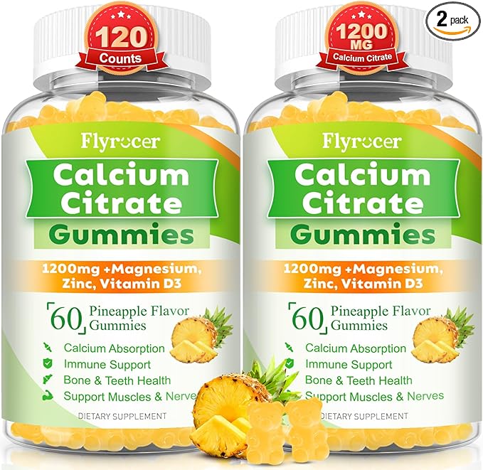 Calcium Citrate Gummies - Chewable Calcium Gummies for Bone, Muscle, Teeth, Immune Support, High Absorption Calcium Supplements for Women & Men Sugar Free Pineapple Flavor 120 Count