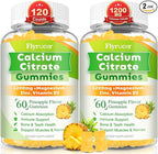 Calcium Citrate Gummies - Chewable Calcium Gummies for Bone, Muscle, Teeth, Immune Support, High Absorption Calcium Supplements for Women & Men Sugar Free Pineapple Flavor 120 Count