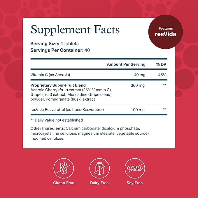 Youtheory Resveratrol Advanced Antioxidant Formula - Premium Antioxidant Supplement with Super-Fruit Blend - Contains ResVida - Dairy, Soy & Gluten Free - 160 Tablets