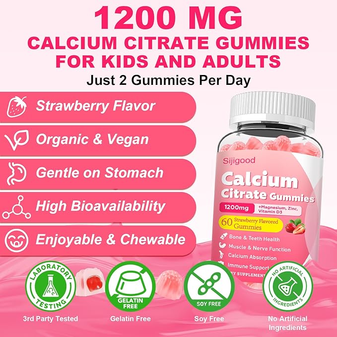 2 Pack Calcium Citrate Gummies, Calcium Supplements for Women & Men, High Absorption Calcium Gummies with Vitamin D3, Magnesium & Zinc for Muscle, Bone & Immune Support, Strawberry Flavor