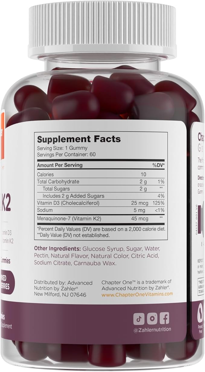 Zahler Chapter One Vitamin D3 K2 Gummies, Contains 1000IU of Vitamin D3 and 45MCG of Vitamin K2, D3 & K2 Gummy Supplement, Kosher, 60 Gummies