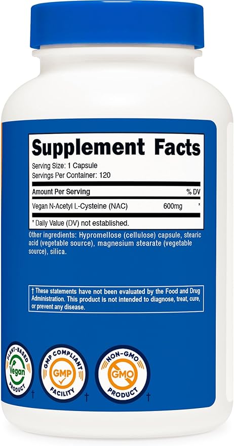 Nutricost N-Acetyl L-Cysteine (NAC) 600mg, 120 Vegetarian Capsules - Non-GMO, Gluten Free, Vegetarian Caps