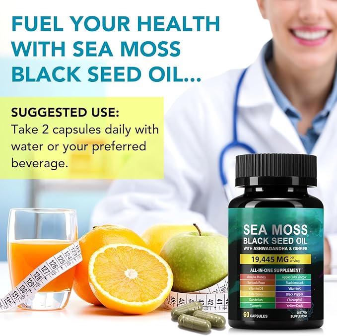 Sea Moss Black Seed Oil Ashwagandha Ginger Capsules, Seamoss Capsules Supplement with Bladderwrack Burdock & Vitamin C Vitamin D3 for Women & Men-Enhanced Immunity,60 Counts