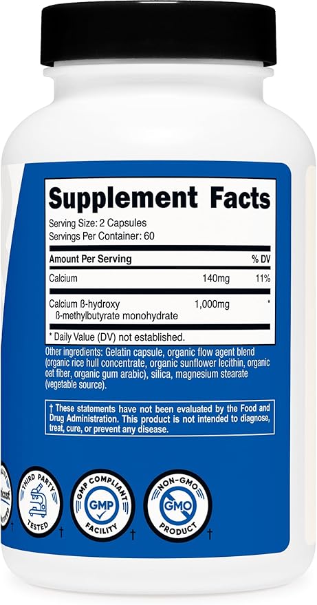 Nutricost HMB (Beta-Hydroxy Beta-Methylbutyrate) 1000mg (120 Capsules) - 500mg Per Capsule, 60 Servings - Gluten Free and Non-GMO