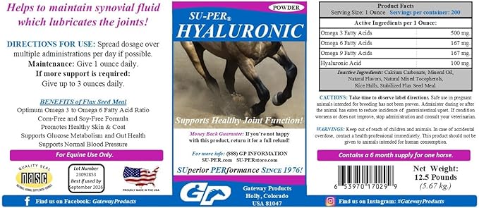 SU-PER Hyaluronic Joint Supplement for Horses - Supports Joints Health & Lubrication - Horse Hyaluronic Acid - 12.5 Pound, 6 Month Supply