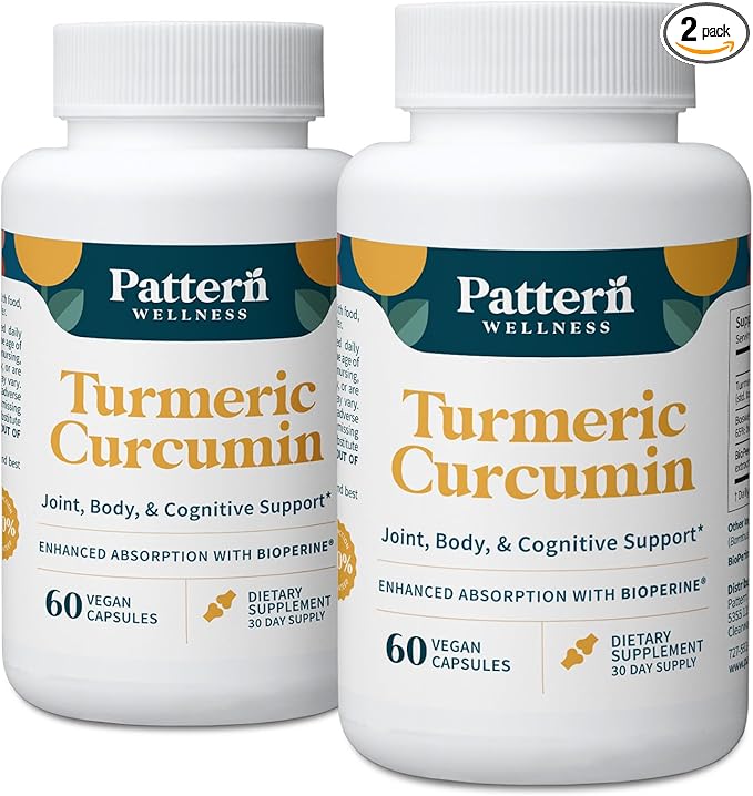 Pattern Wellness Turmeric Curcumin – 95% Curcuminoids with BioPerine® Black Pepper – Supports Joint, Cognitive & Immune Health – Non-GMO, Gluten Free – 120 Capsules