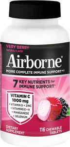 Airborne Vitamin C 1000mg (per Serving) - Very Berry Chewable Tablets (116 Count in a Bottle), Gluten-Free Immune Support Supplement, with Vitamins A C E, Zinc, Selenium, Ginger, Antioxidants