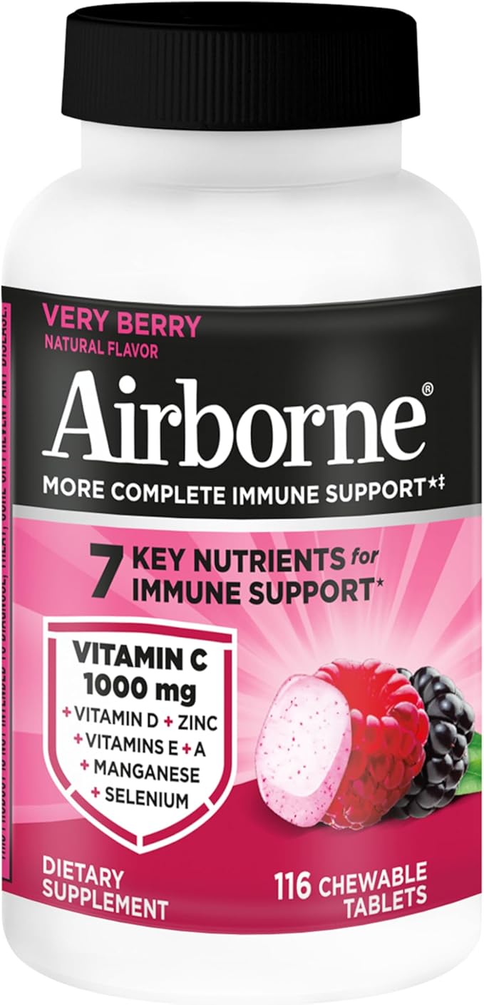 Airborne Vitamin C 1000mg (per Serving) - Very Berry Chewable Tablets (116 Count in a Bottle), Gluten-Free Immune Support Supplement, with Vitamins A C E, Zinc, Selenium, Ginger, Antioxidants