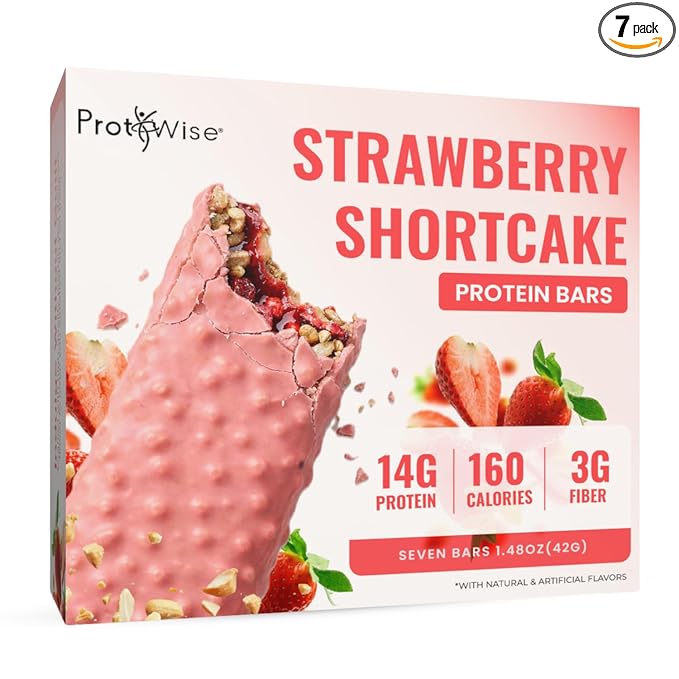 ProtiWise Strawberry Shortcake - High Protein Snack Bars – On-The-Go Snack, 14g Protein, 160 Calories – Gluten-Free, Strawberry Flavor – 7 Count Box