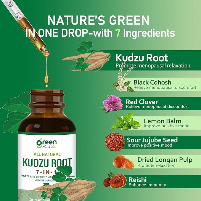 Kudzu Root Drops, Natural Supplement for Menopause Relief, Relaxation & Immune Support, Herbal Complex w/Black Cohosh Red Clover and More Extracts. 2 oz