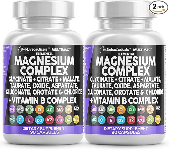 Clean Nutraceuticals Magnesium Complex with Magnesium Glycinate Citrate Malate Oxide Taurate Aspartate Orotate & Mag Chloride, Zinc Copper Manganese (90 Count (Pack of 2))