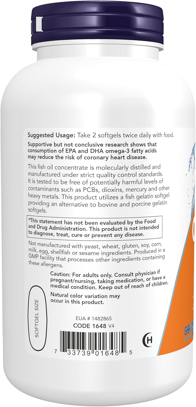 NOW Foods Supplements, Omega-3 180 EPA / 120 DHA, Molecularly Distilled, Cardiovascular Support*, 200-Fish Gelatin Softgels,Packaging may vary