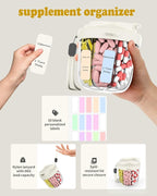 Pill Organizer with 7 Compartments, Pill Box Case for Holding 7 Different Vitamins, Anti-Mix Design for Easy Medication Retrieval. Travel Pill Organizer with 20 Labels. Cute Pill Dispenser（ Beige）