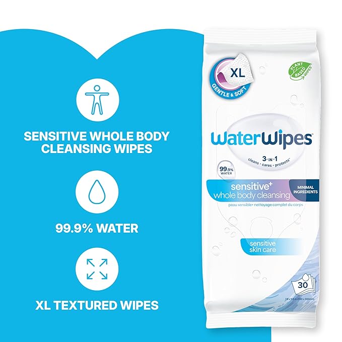 WaterWipes Sensitive Whole Body Cleansing Wipes, 99.9% Purified Water, XL Textured Wipes, Incontinence Care, Fragrance Free, 180 Count