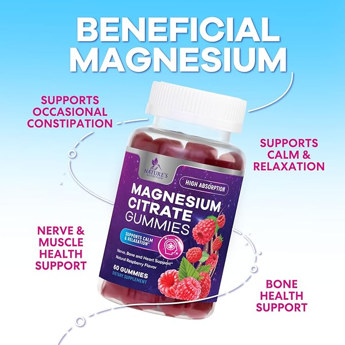 Magnesium Citrate Gummies for Adults & Kids - High Absorption Magnesium Supplements - Premium Calm, Relaxation, Muscle, Nerve, Bone & Heart Support - Great-Tasting Vegan Gummy Supplement - 60 Gummies