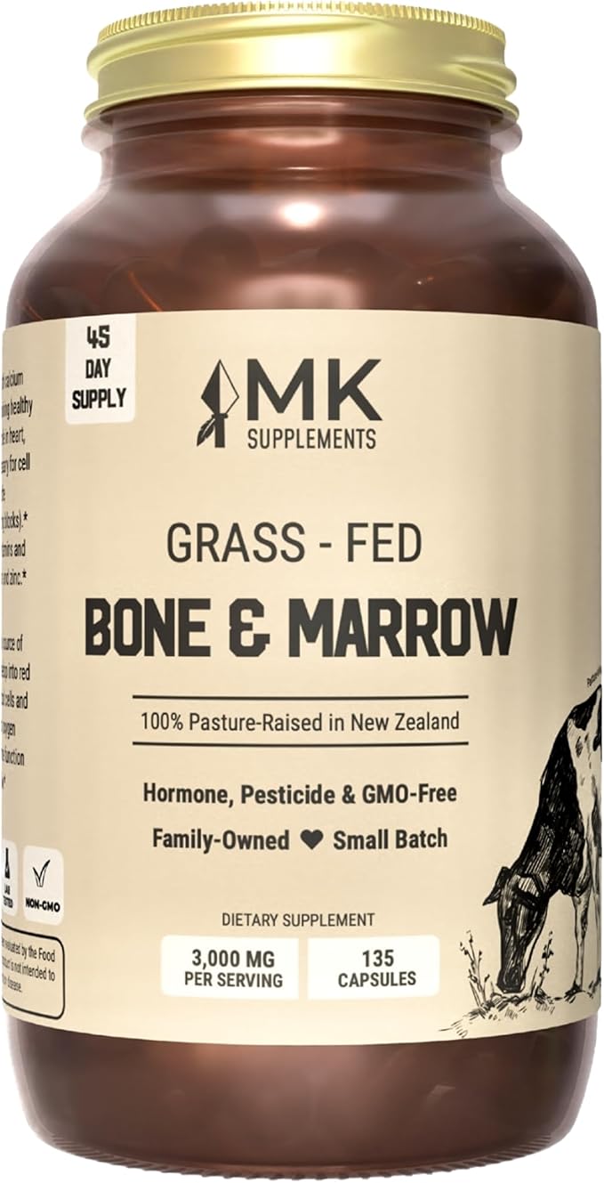 MK Supplements Grass-Fed Bone & Marrow Capsules | Collagen Types I & II + Bone Peptides + Marrow | Whole-Food Calcium Matrix | New Zealand Raised | 135 Capsules