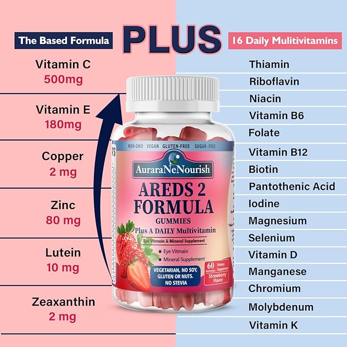 Areds 2 + Advanced Formula for MacularHealth, 22-in-1 Eye Vitamin & MineralSupplement w. Zeaxanthin, Zinc &Vitamin C Supports Eye Strain, Pressure,Night Vision, 60 Chewable Gummies