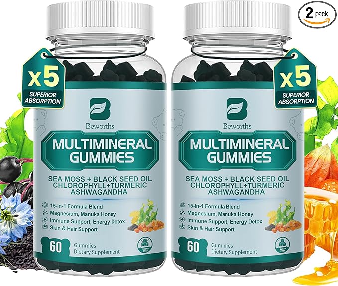 Sea Moss Gummies with Ashwagandha & Chlorophyll, Immune, Digestive and Gut Detox Support, Powered by Black Seed Oil, Vitamin C, Vitamin D & Magnesium, GMO, Vegan, Apple Flavor, 120 SeaMoss Gummies