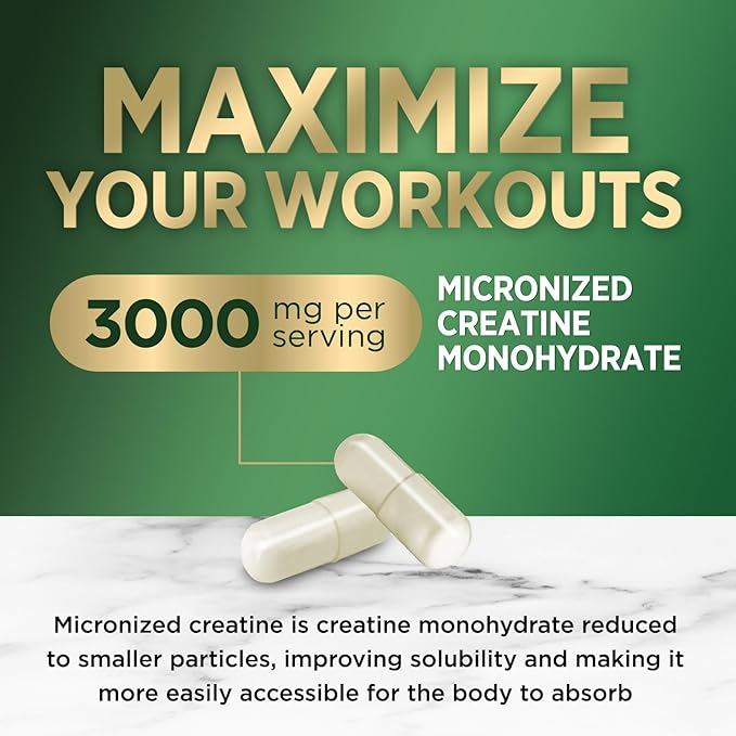 Creatine Monohydrate 3000mg Per Serving – Micronized Creatine Powder Capsules - Supports Lean Muscle, Strength, Energy, & Endurance - Nature's Supplement, Non-GMO, Bottled in USA - 120 Capsules