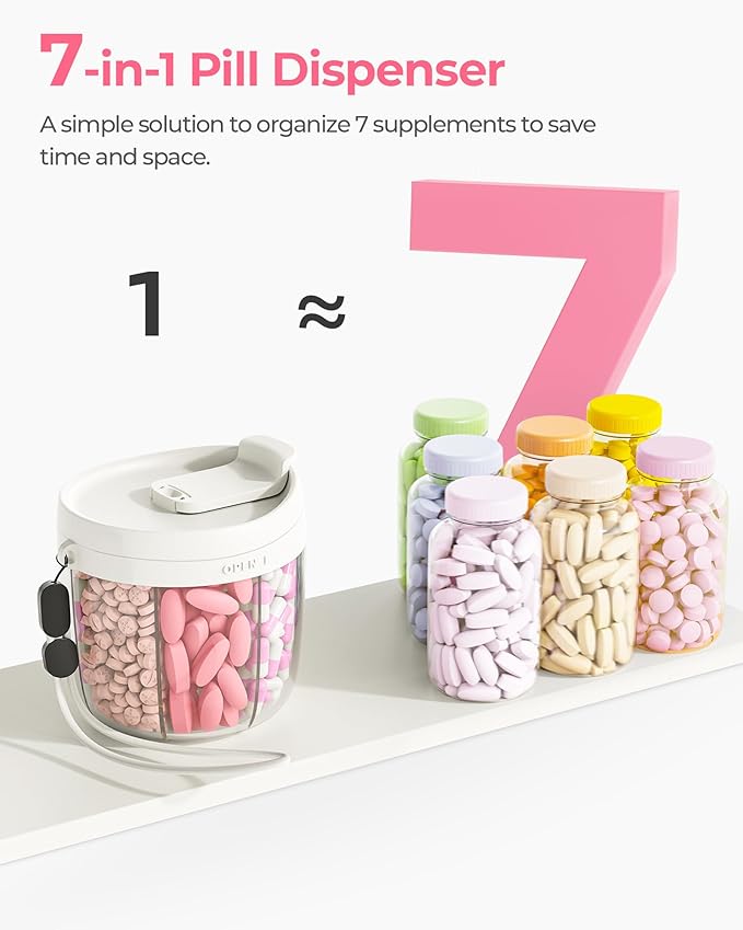 AMOOS Cute Pill Dispenser with 7 Large Compartments, Portable Pill Bottle Organizer with Wide Opening for Easy Use, Anti-Mix Pill Organizer for Travel, BPA-Free Pill Container, White