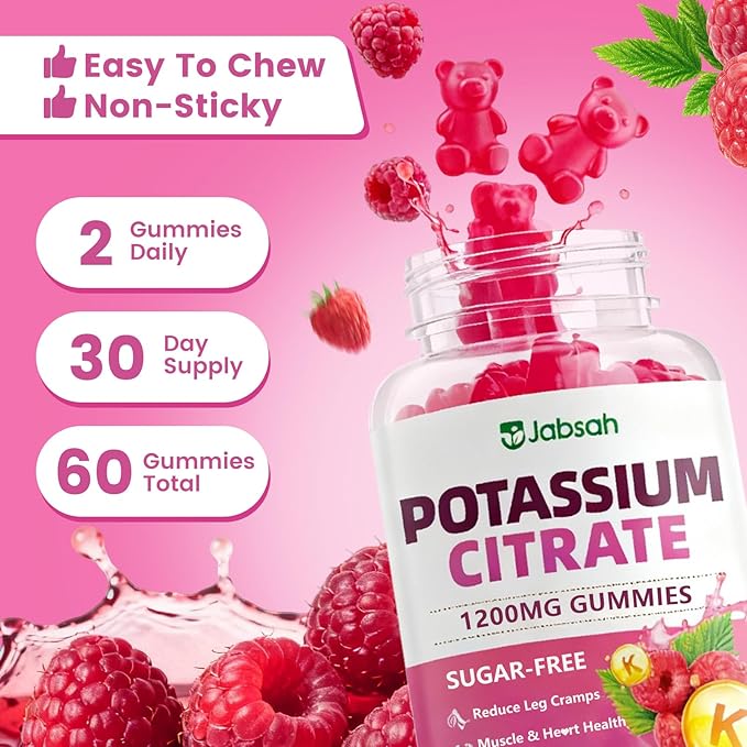 Potassium Citrate Gummies 1200mg, Sugar-Free Potassium Supplement for Adults Women & Men, Supports Leg Cramps & Muscle & Heart Health, Vegan, Gluten Free - Raspberry Flavor (60 Count)